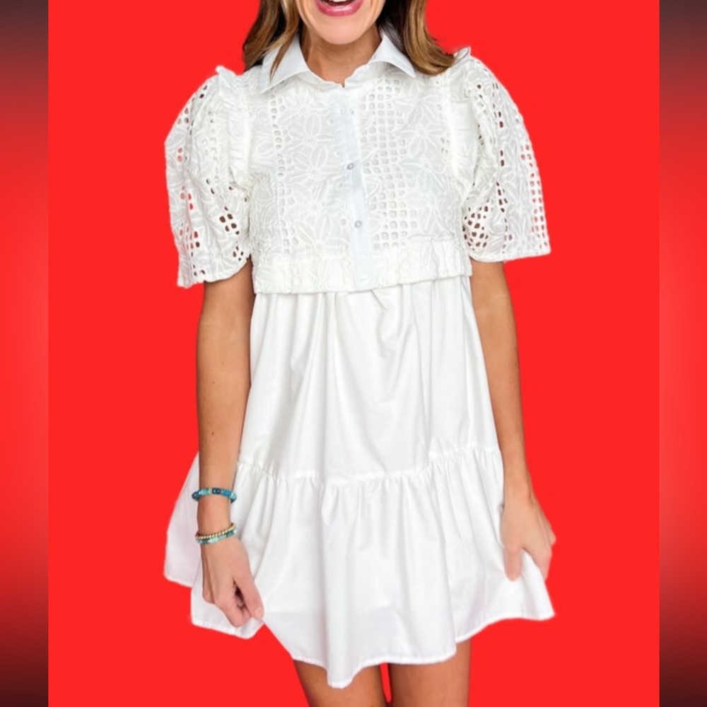 White Lace Overlay Collared Half Button Front Tiered Dress